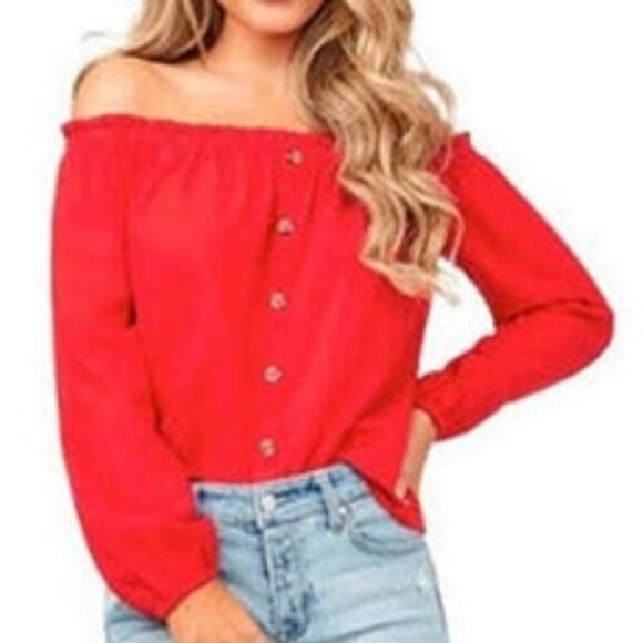 GUESS Off The Shoulder Linen Blend Top Small Red - Picture 1 of 9